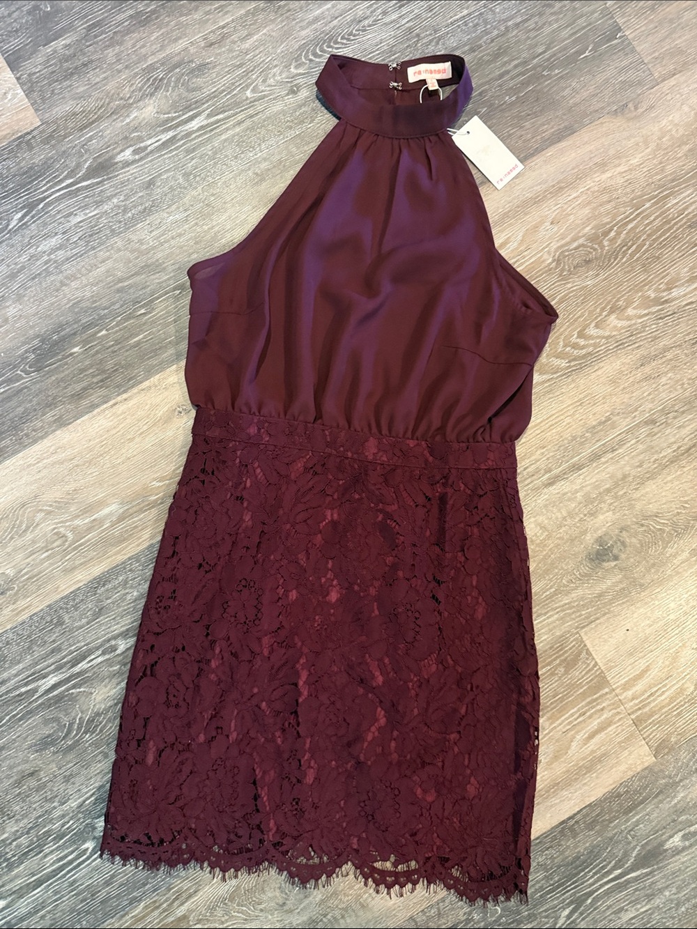 re:named One-Shoulder Lace Dress in Burgundy